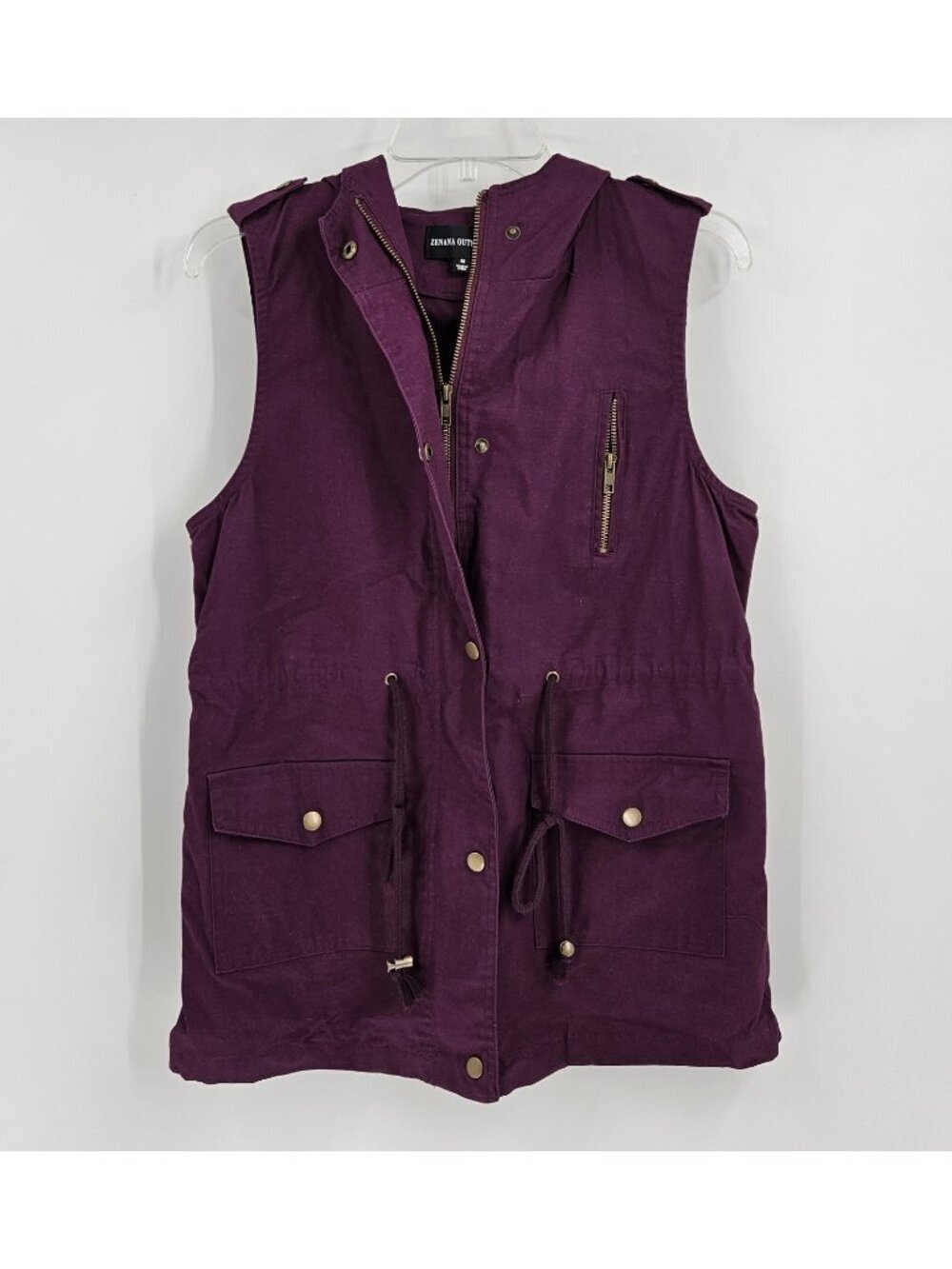Zenana Outfitters Womens Utility Vest Purple Cotton Hooded Cargo M
